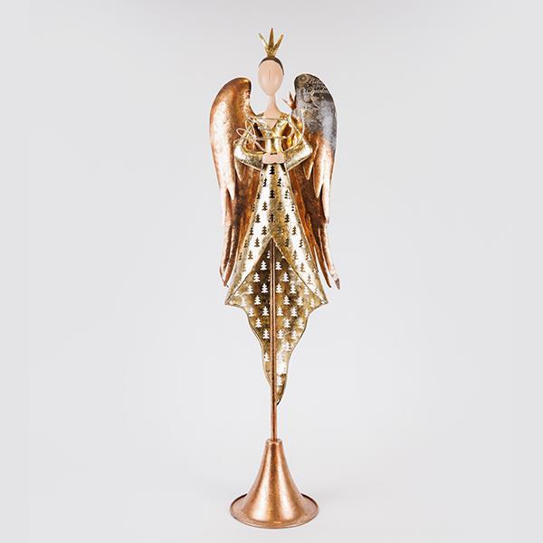 ÁNGEL CON ALAS DE BRONCE Y VESTIDO DORADO, METAL, 23,5X15,24X81,30CM