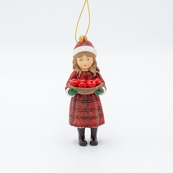 ADORNO DE POLIRESINA, NIÑA CON MANZANAS, ROJO, 5,5X12CM