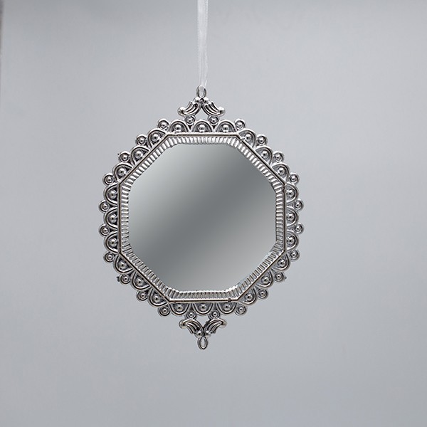 ADORNO COLGANTE, ESPEJO VINTAGE, DIAMANTE PLATEADO, 15,5X12CM