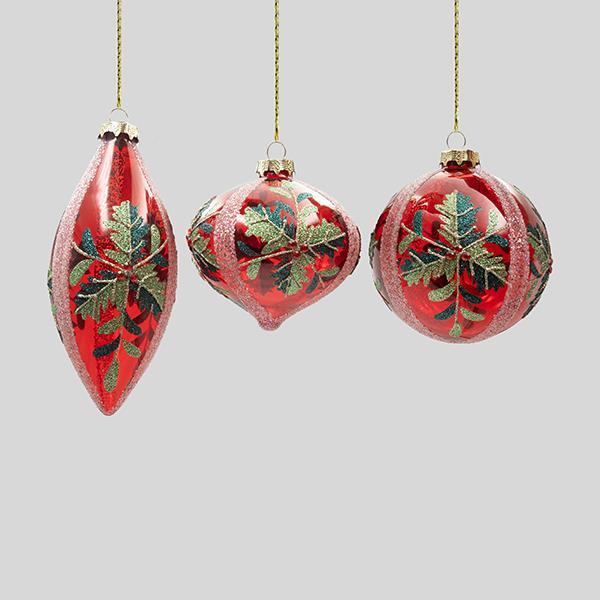 ADORNO DE VIDRIO, ROJO TRANSPARENTE CON DISEÑOS ROSAS Y MUÉRDAGO, 3 DISEÑOS, SET DE 4 PIEZAS, 10 CM