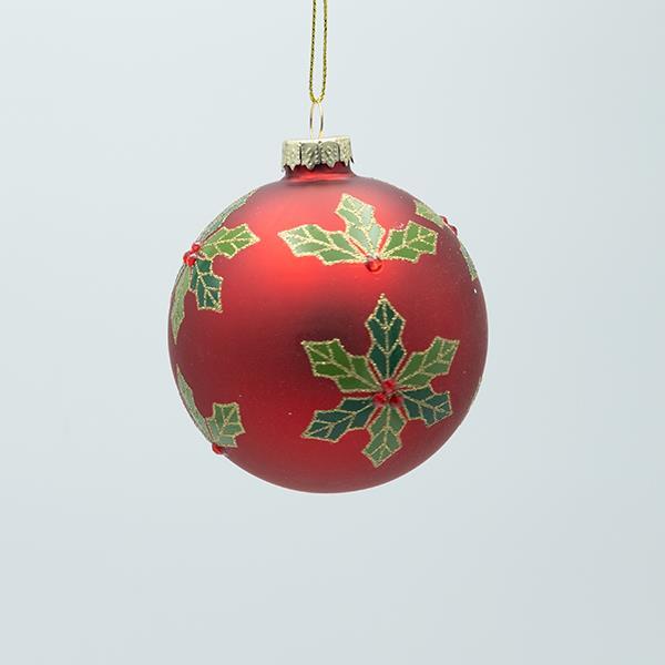 BOLA DE CRISTAL, ROJO MATE CON MUÉRDAGO, SET DE 4 PIEZAS, 8 CM