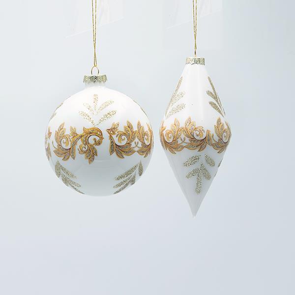 ADORNO DE CRISTAL, PERLA BLANCA CON DETALLES EN CHAMPÁN, 2 DISEÑOS, SET DE 4 PIEZAS, 8 CM X 12,5 CM