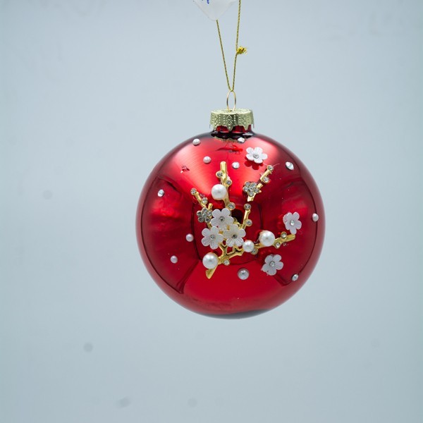 BOLA DE CRISTAL, ROJA, CON FLORES 3D BLANCAS, SET DE 4 PIEZAS, 10 CM