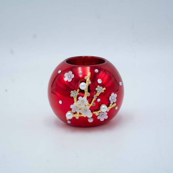 PORTAVELAS ROJO CON FLORES BLANCAS 3D, 6,5X8CM