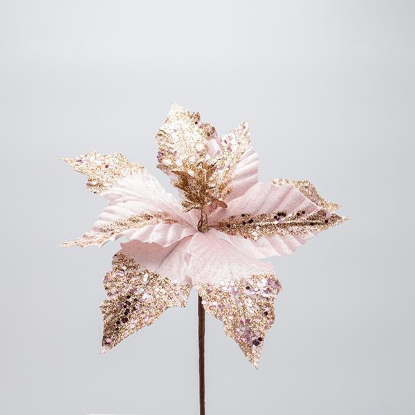 FLOR DE POINSETTI, ROSA, CON BRILLO EN LA MITAD DE LA HOJA, 26X20CM