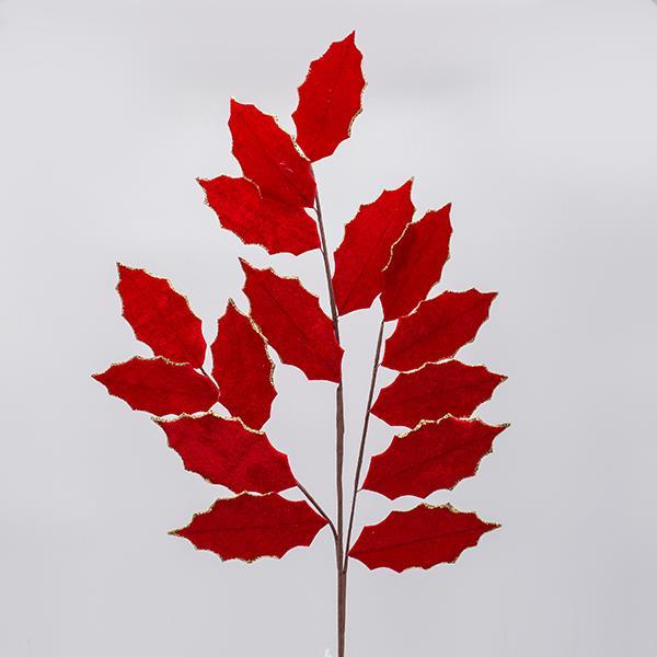 RAMA CON HOJAS DE ACEBO DE TERCIOPELO ROJO, 87 CM