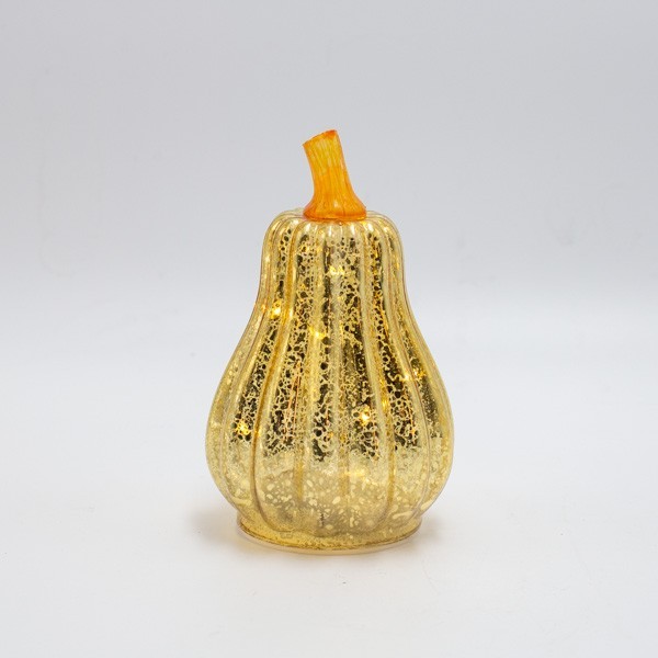 CALABAZA DE CRISTAL DORADO ILUMINADA, CAJA DE PILAS 2XAAA, TEMPORIZADOR, 8 LED BLANCO CÁLIDO, 9X14CM, IP20