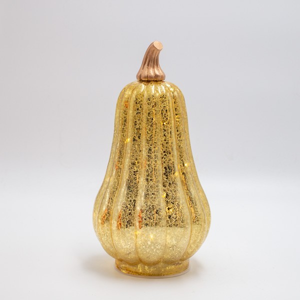 CALABAZA DE CRISTAL DORADO ILUMINADA, CAJA DE PILAS 3XAA, TEMPORIZADOR, 10 LED BLANCO CÁLIDO, 12,5X24CM, IP20