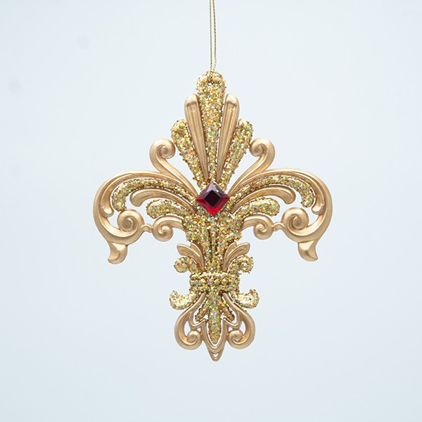 ADORNO ACRÍLICO FLOR DE LIS, DORADO CON GEMA ROJA, 11,4X1X13,7CM