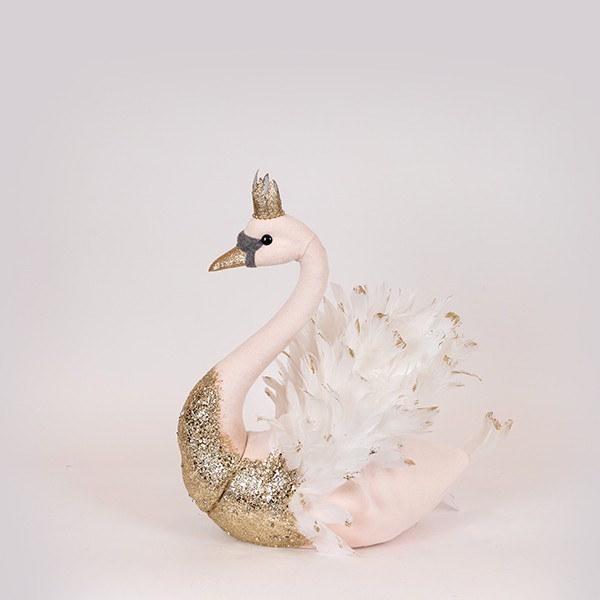 CISNE DE TERCIOPELO, ROSA CON BRILLO DORADO, 27X22X28CM