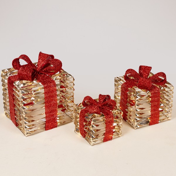 REGALOS ILUMINADOS 15-20-25CM, 20/30/40 LED, CAJA DE PILAS 2XAA/3XAA, TEMPORIZADOR, DORADO CON LAZO ROJO, LED BLANCO CÁLIDO, IP20