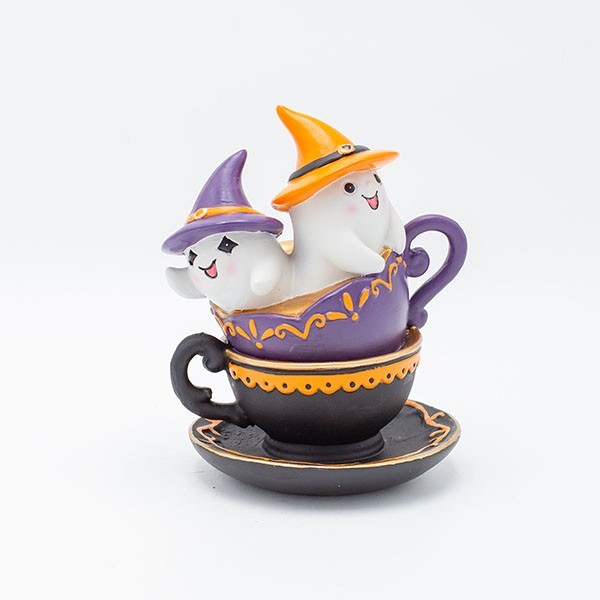 FANTASMAS CON SOMBREROS NARANJA Y NEGRO, EN TAZA, HALLOWEEN, 14,5X12,7X17,5CM