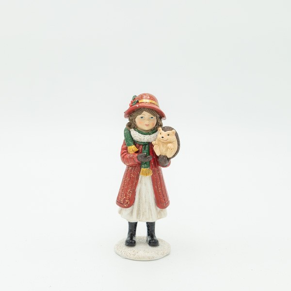FIGURA DECORATIVA DE POLIRRESINA, NIÑA CON ERIZO, COLOR ROJO, 5 X 13 CM.