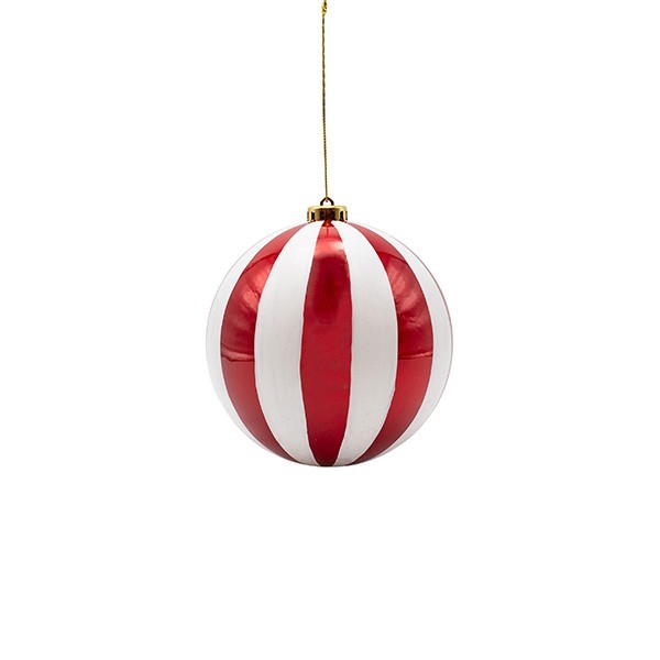 BOLA DE PLÁSTICO, PERLA ROJA CON RAYAS BLANCAS, SET DE 6 PIEZAS, 10 CM