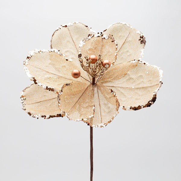 FLOR RÚSTICA CON ARPILLERA, PERLAS DE CHAMPÁN Y PURPURINA, 25X45CM