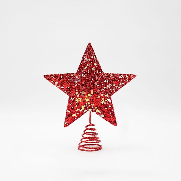 COPA DE ÁRBOL CON HILO ROJO Y ESTRELLAS IRIDISCENTES, 20X23CM
