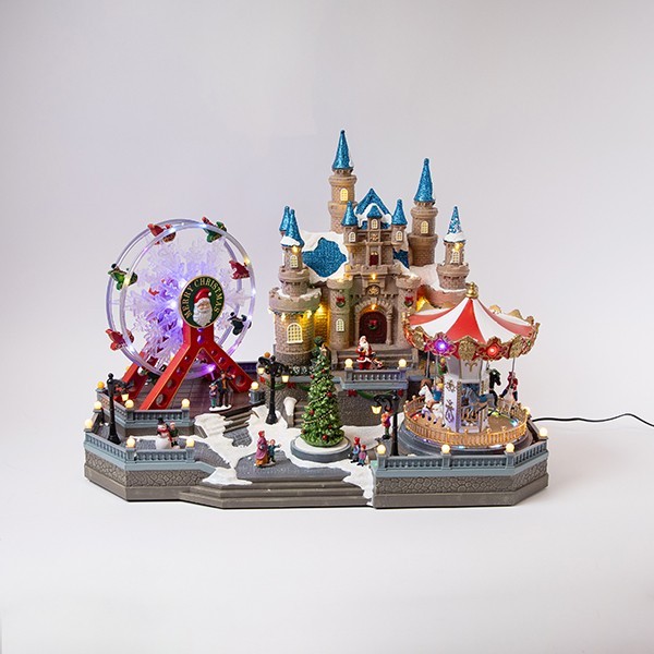 CASTILLO DE CUENTO DE HADAS, CON NORIA Y CARRUSEL, ILUMINADO, CON TRANSFORMADOR, 62X36,5X47CM