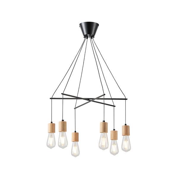 LÁMPARA COLGANTE MADERA-METAL 6 LUCES 6xE27 MÁX 15W 650x650x1180mm NEGRO ARTE ILLUMINA EDISON