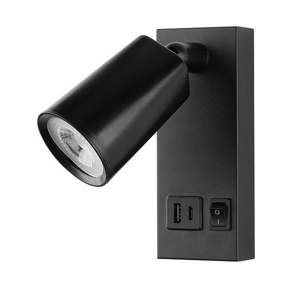 LÁMPARA DE LECTURA DE PARED PARA CAMA CON USB TIPO C 5W 450lm 3000K 150x80x145mm NEGRO ARTE ILLUMINA CHARGE