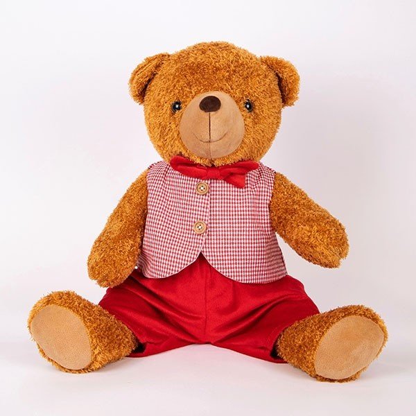 OSO DE PELUCHE SENTADO CON CHALECO ROSA DE CUADROS, 40CM