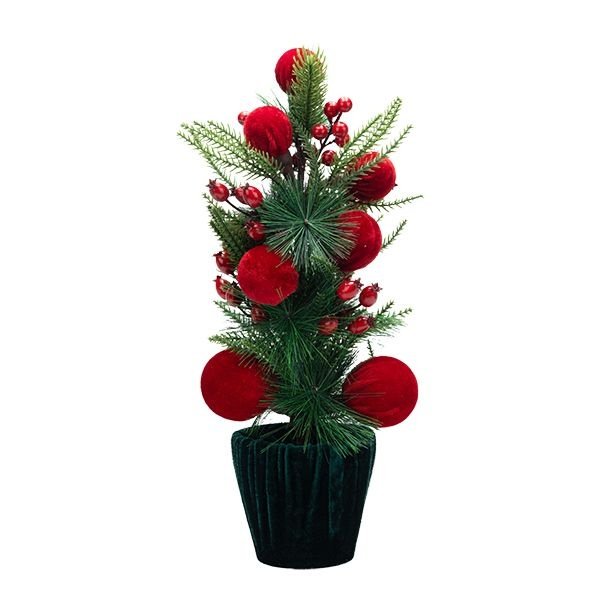 VERDE TERCIOPELO MACETA CON AGUJAS DE PINO Y POMPONES DE TERCIOPELO ROJO, 43CM