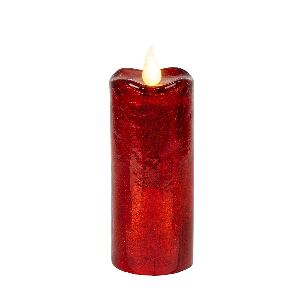 VELA DE CRISTAL, ROJO CRAQUELADO, CON DOS MODOS DE ILUMINACIÓN, 9X18.3CM