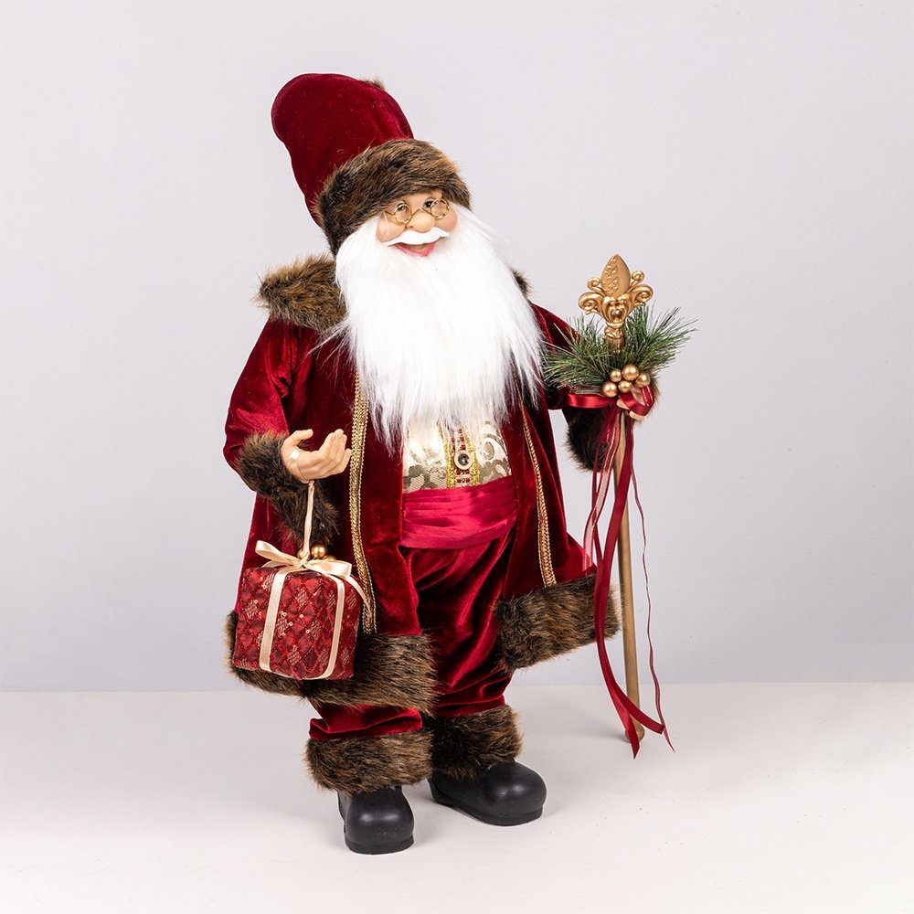 PAPÁ NOEL CON TRAJE BURDEOS Y ORNAMENTADO CETRO, 60CM