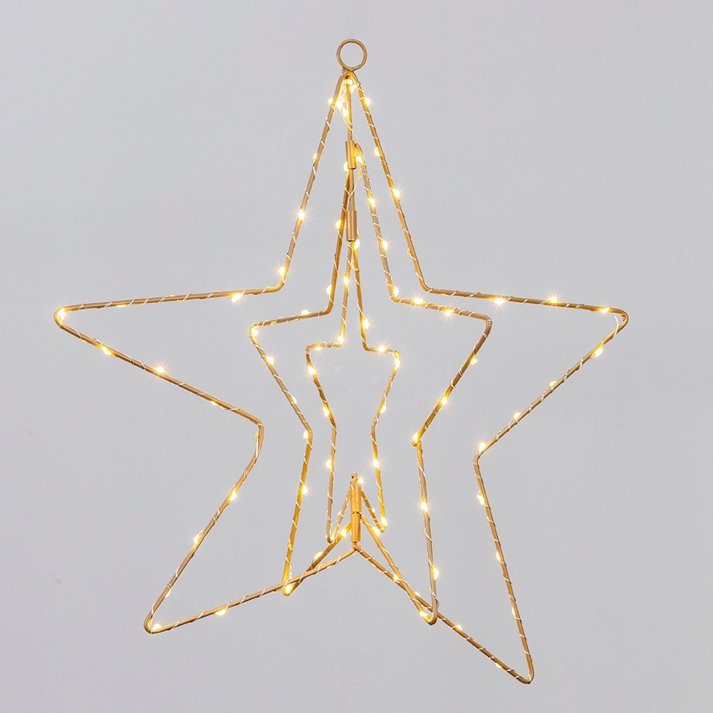 TRIPLE ILUMINADO ESTRELLA 40CM, 90 MINI LED, ADAPTADOR, TEMPORIZADOR, CHAMPÁN ESTRUCTURA METÁLICA, HILO DE COBRE PLATEADO, LED BLANCO CÁLIDO & LED BLANCO CÁLIDO INTERMITENTE, CABLE DE ALIMENTACIÓN 3M, IP44