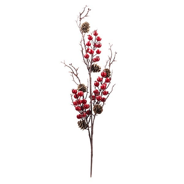 RAMA CON BRILLANTE ROJO BAYAS Y PEQUEÑO PIÑAS, 70CM