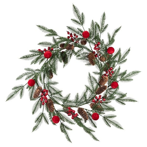 CORONA CON VERDE PE RAMAS, BOLAS DE TERCIOPELO ROJO, Y PIÑAS, 80CM