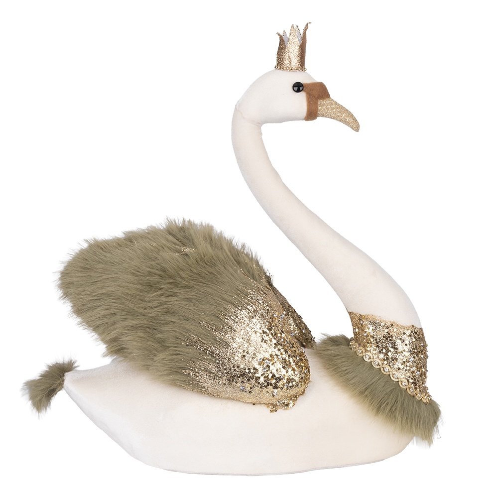 TERCIOPELO CREMA CISNE CON OLIVA PLUMOSO ALAS Y DORADO CORONA, 50X32X60CM