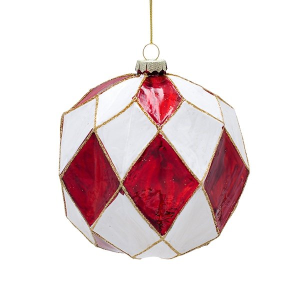 EN RELIEVE CRISTAL BOLA CON DIAMANTE PATRÓN, ROJO Y BLANCO, JUEGO 2UDS, 12CM