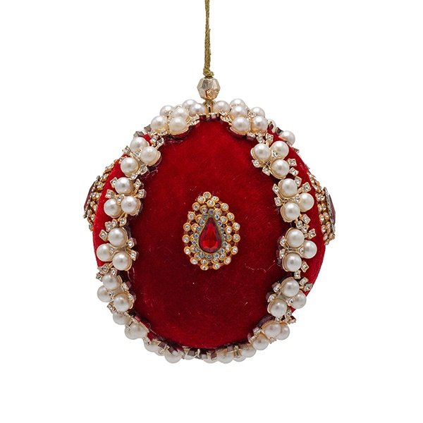 TERCIOPELO BOLA, ROJO, LUJO, CON PERLAS BLANCAS Y ROJO GEMAS, 10CM