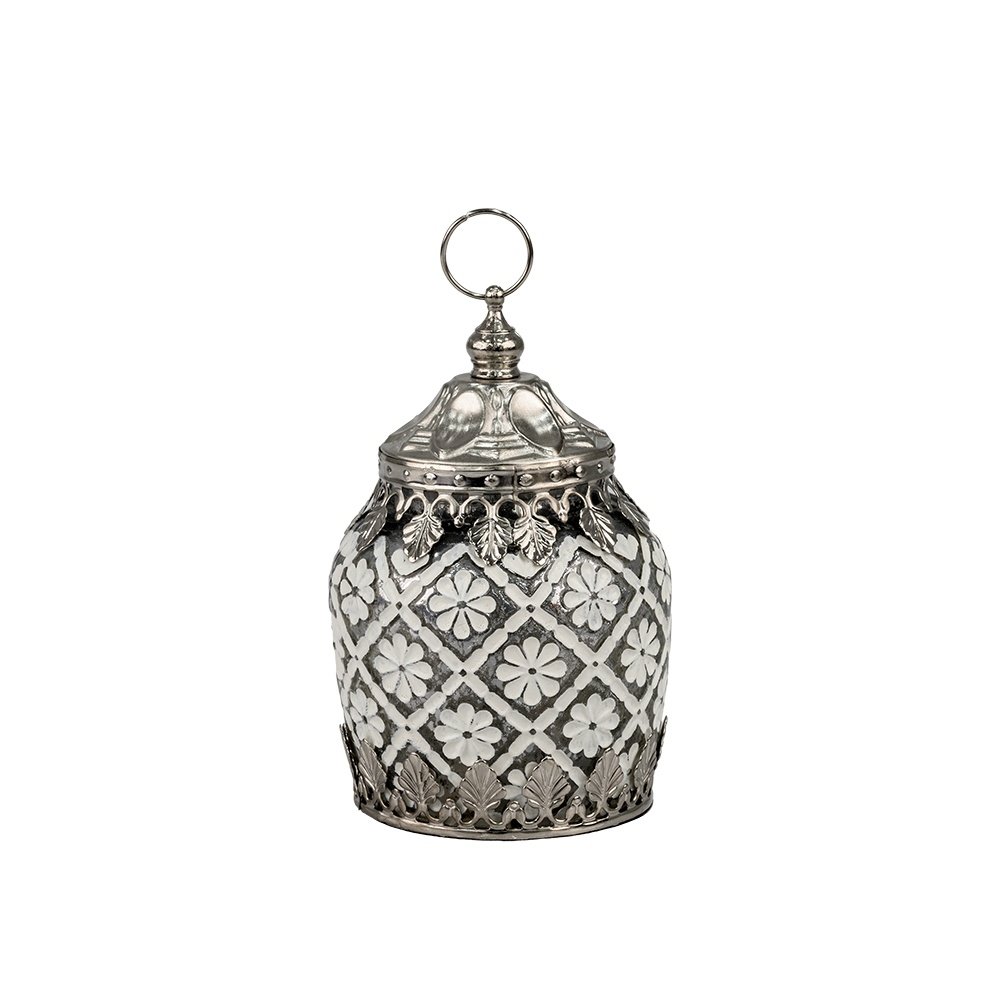 FAROL LED CON FLORES METÁLICO - CRISTAL BLANCO - PLATEADO 9.5X9.5X13.5CM