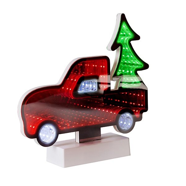 DECORATIVO DISEÑO ESPEJO CON TIRA LED, 40 LED, COCHE CON ÁRBOL 11X4.5CM, CAJA DE PILAS 3XAA, ROJO, BLANCO & LED VERDE, IP20