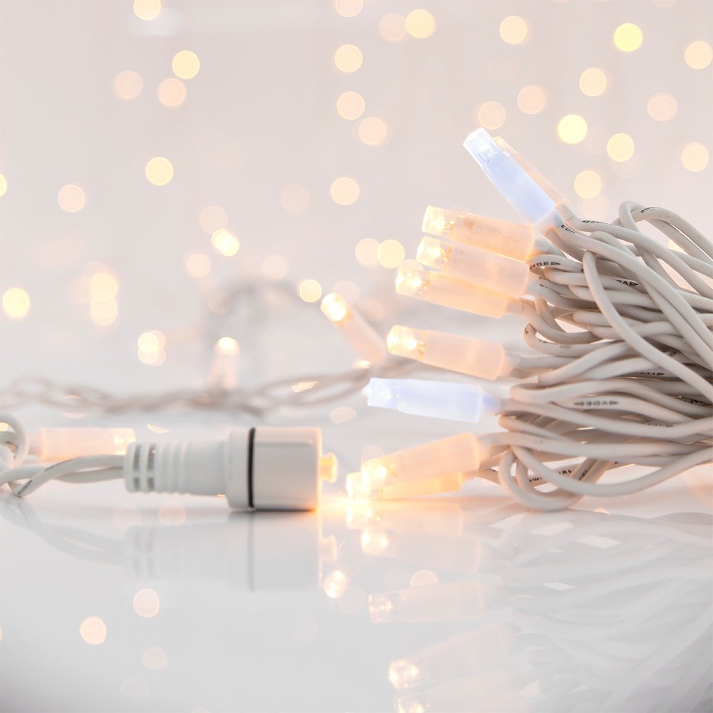 GUIRNALDA LINEAL, 100 LED 5MM CON VASOS, 230V, 2 CONECTORES HASTA 9 JUEGO, BLANCO CABLE DE GOMA, 90 LED BLANCO CÁLIDO & 10 BLANCO INTERMITENTE LED CADA 10CM, IP65 (NO CABLE DE ALIMENTACIÓN)