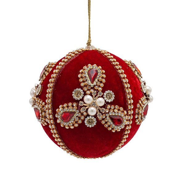 TERCIOPELO BOLA, ROJO, LUJO, CON BORDADO PERLA FLOR, 10CM
