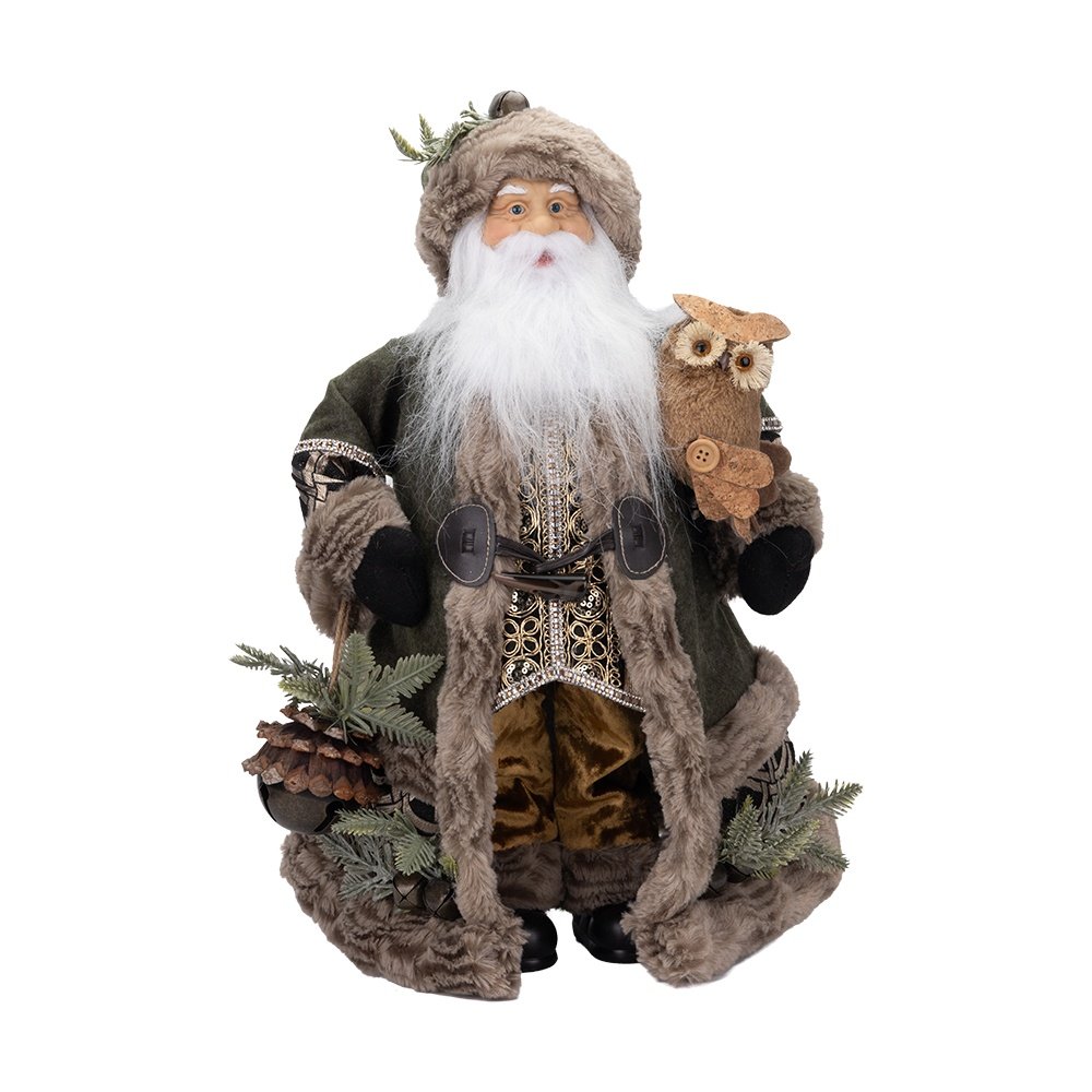 PAPÁ NOEL CON RÚSTICO MARRÓN TRAJE Y BÚHO, 45CM