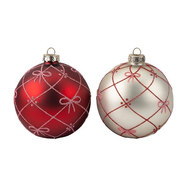 CRISTAL BOLA, ROJO Y PLATEADO CON ROSA LAZOS, JUEGO 4UDS, 10CM
