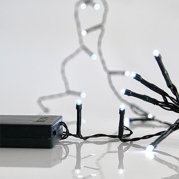 GUIRNALDA LINEAL, 20 LED 5MM, CAJA DE PILAS 3XAA, TEMPORIZADOR, CABLE PVC VERDE, LED BLANCO CADA 10CM, CABLE DE ALIMENTACIÓN 50CM, IP20