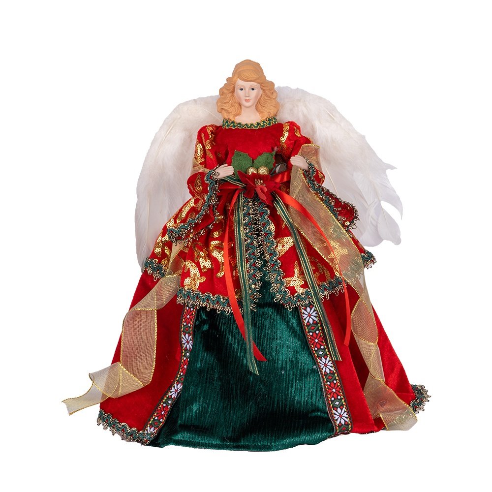 ÁRBOL SUPERIOR ÁNGEL CON CON PLUMAS ALAS Y VERDE Y ROJO VESTIDO, 40CM