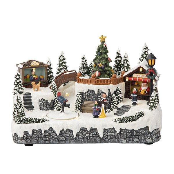 DECORADO NAVIDAD PUEBLO, CON ÁRBOL, CON MÚSICA Y MOVIMIENTO, A PILAS, 26X19X19CM