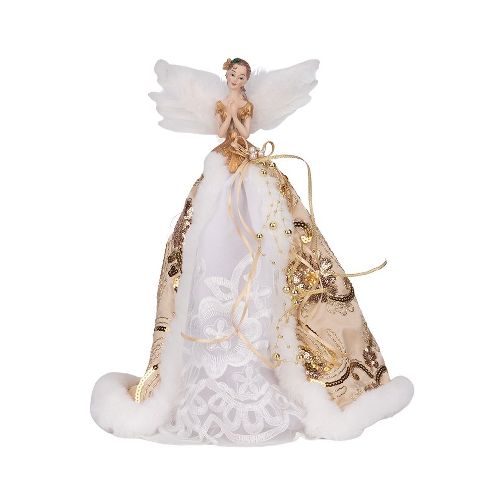 ÁRBOL SUPERIOR ÁNGEL CON BLANCO ENCAJE VESTIDO Y MARFIL FLORAL CAPA, 35CM
