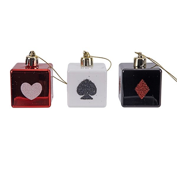 PLÁSTICO CUBO ADORNO, BLANCO, ROJO, Y NEGRO CON TOCANDO TARJETA SÍMBOLOS, JUEGO 8UDS, 5CM