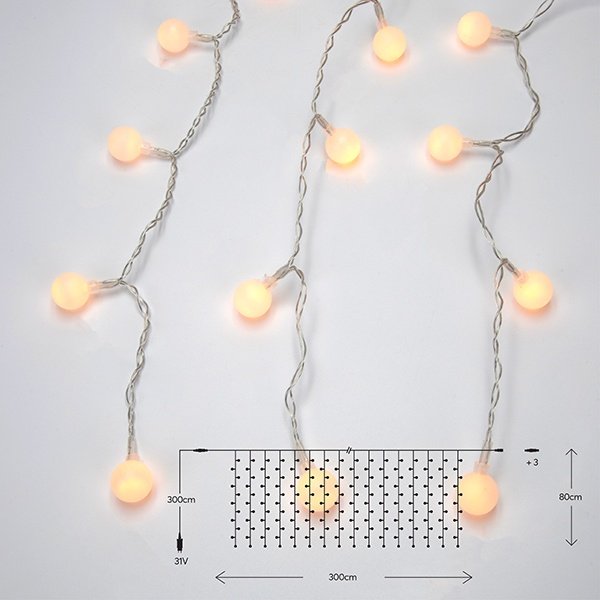 CORTINA, 168 LED 5MM CON BLANCO BOLAS Φ2CM, 31V ADAPTADOR, 4 CONECTORES HASTA 3 JUEGO, CABLE PVC TRANSPARENTE, LED BLANCO CÁLIDO (H80 X W300CM, 21 LÍNEAS), CABLE DE ALIMENTACIÓN 3M, IP44