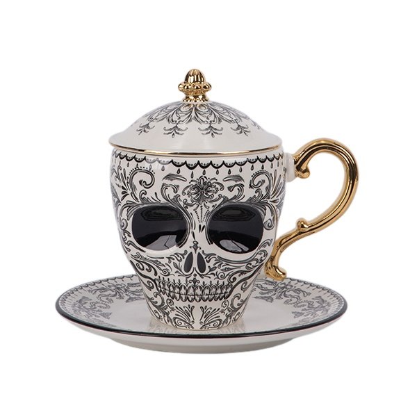 HALLOWEEN CALAVERA-CON FORMA VASO Y PLATILLO JUEGO CON DORADO DETALLES, 17X17X16.2CM