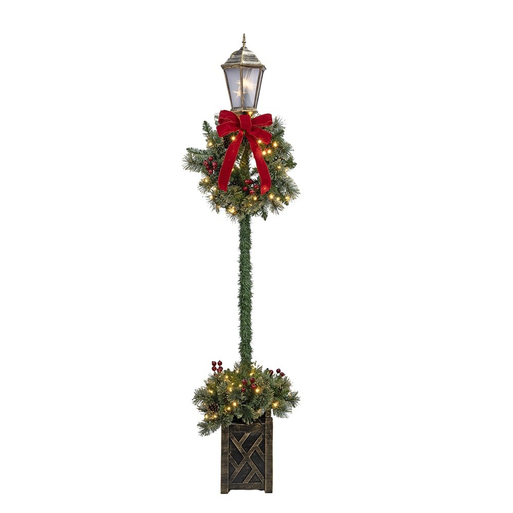 ANTIGUO COLUMNA FAROL DECORADO CON NAVIDAD CORONA Y LAZO ROJO, 100 LED BLANCO CÁLIDO, 210CM