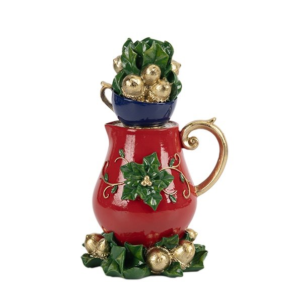 ORNAMENTADO PORTAVELAS CON JARRA Y VASO, AZUL CON ROJO, 20.3CM