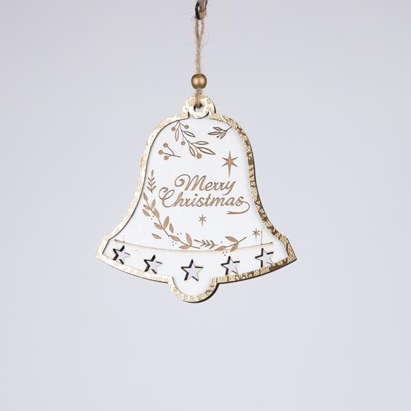 MADERA ADORNO CAMPANA, BLANCO CON DORADO, 0.7X12.5X13CM