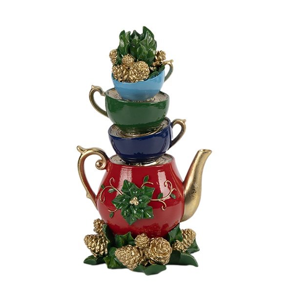 ORNAMENTADO PORTAVELAS CON JARRA Y VASO, AZUL CON ROJO, 25.3CM